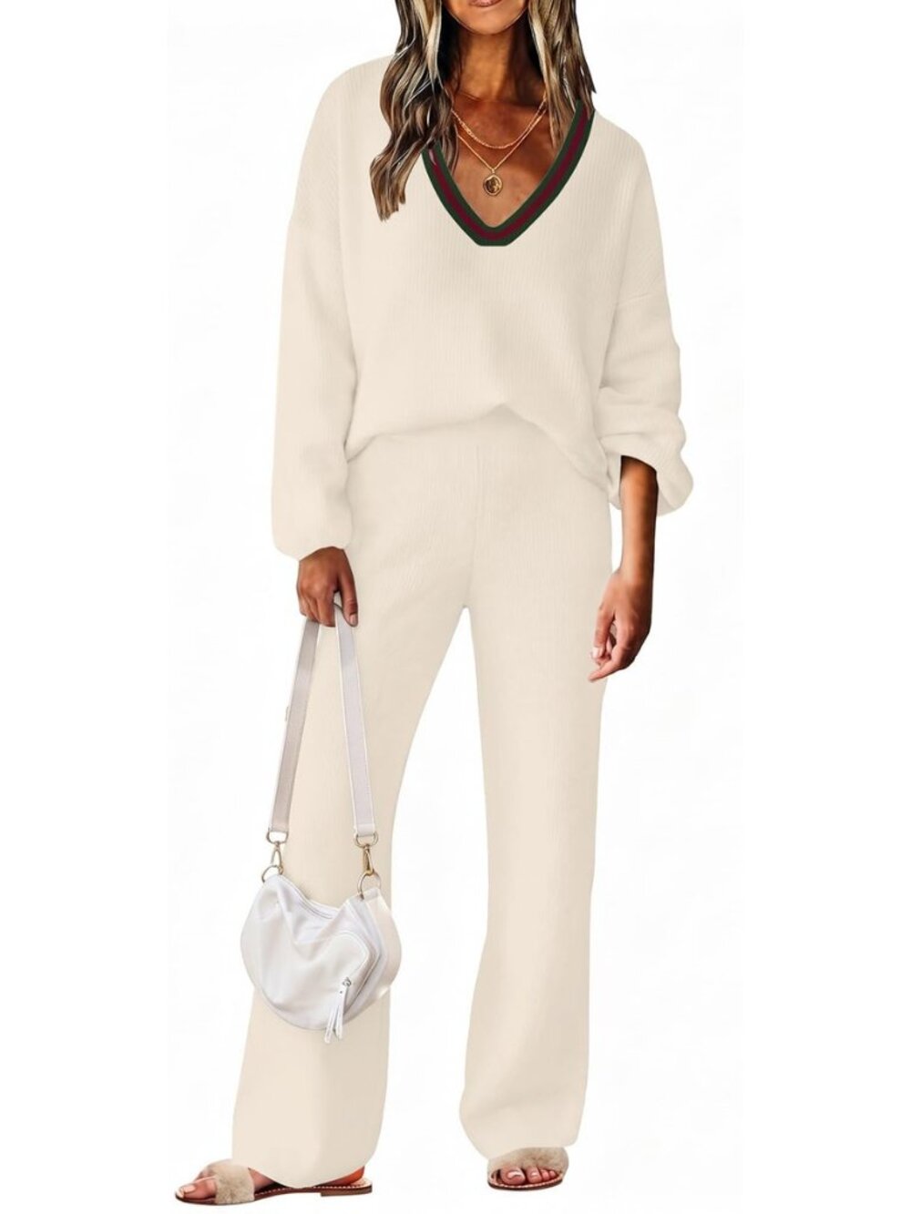 Womens 2 Piece Outfit Sweater Lounge Sets V Neck Knit Pajama Set Loungewear